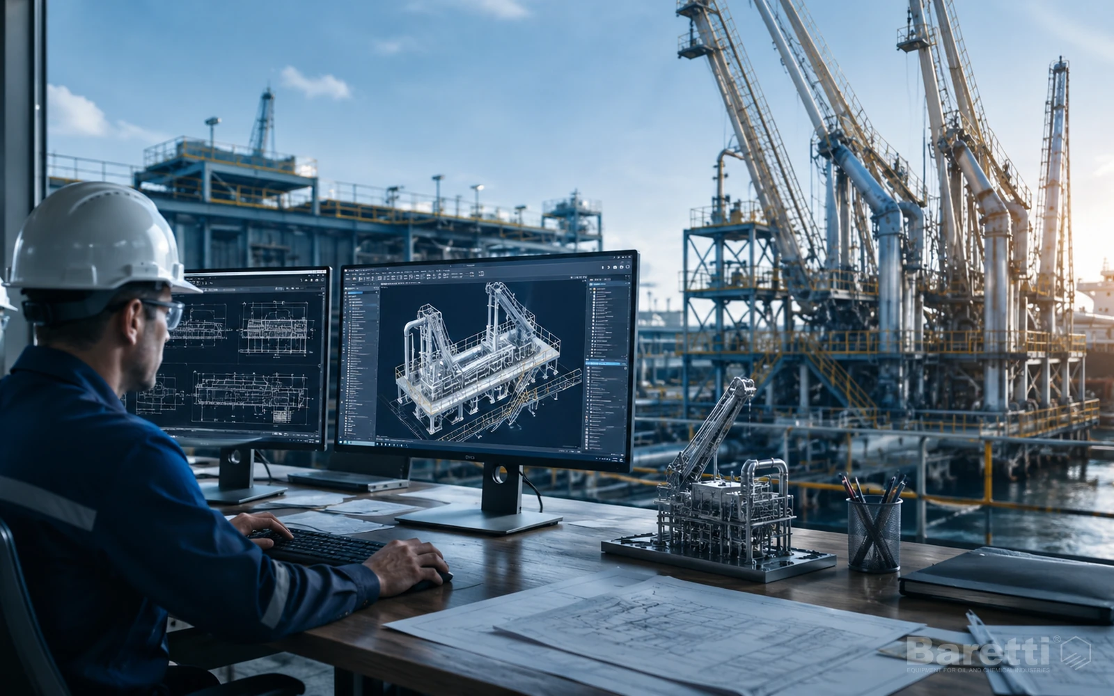 Baretti engineering workstation with technical design of loading and unloading equipment