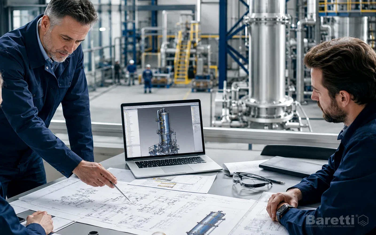 Baretti engineering team reviewing process duty, layouts and technical drawings