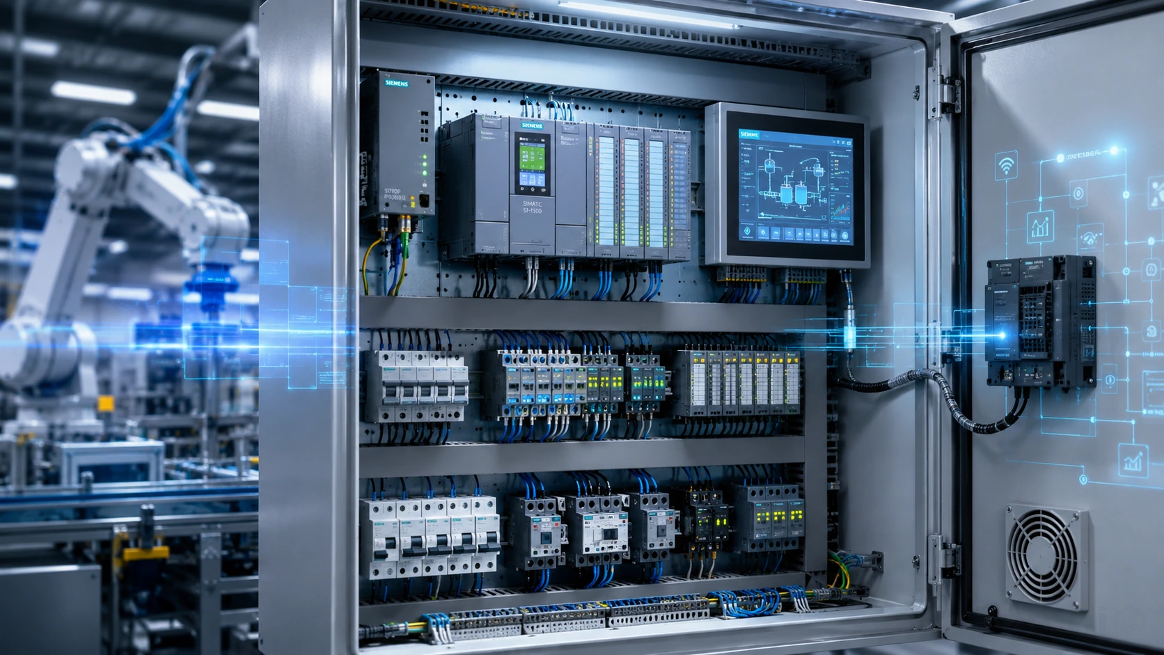 Electrical automation system with PLC, control panel and industrial interface for loading and unloading equipment