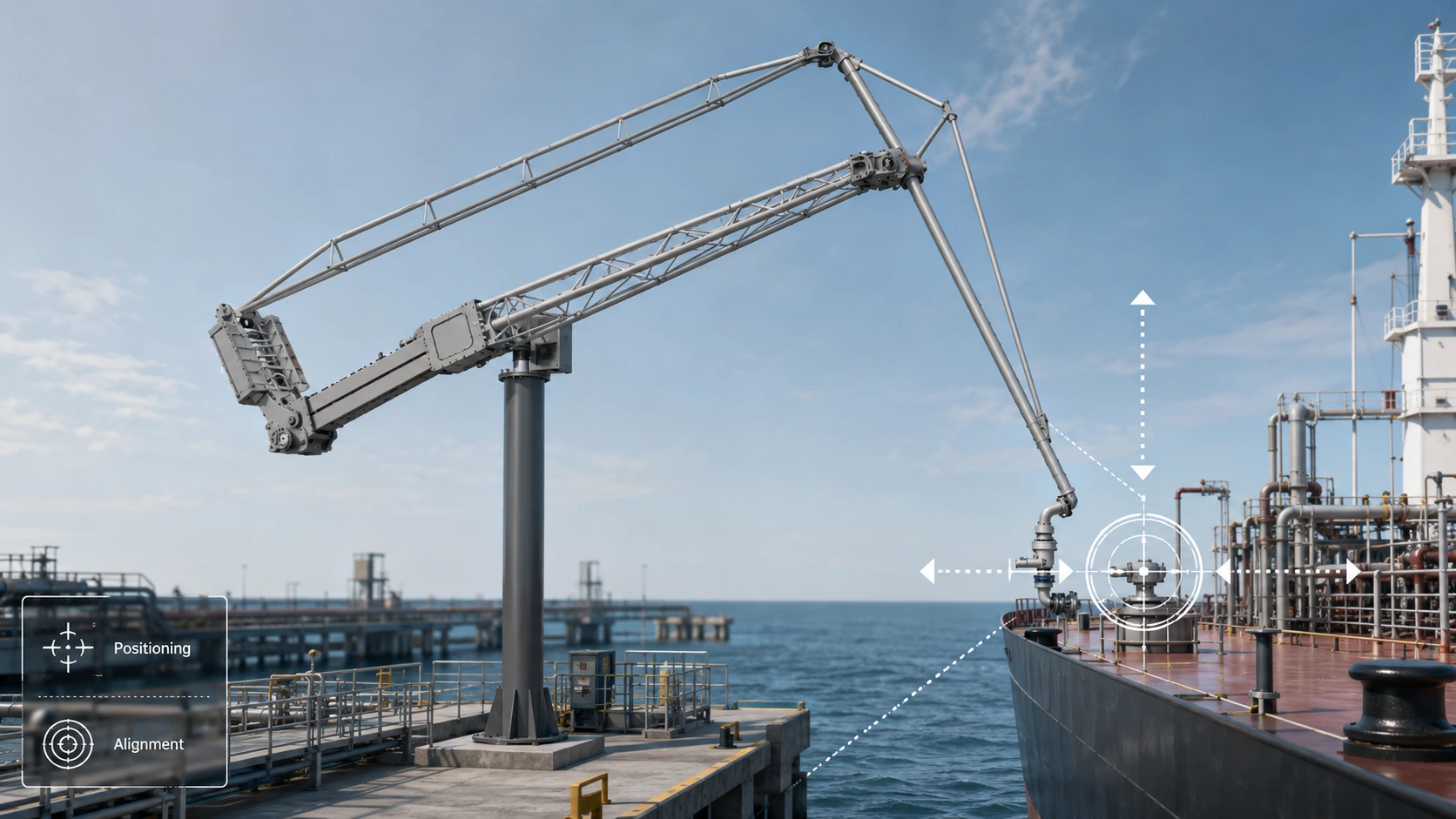 Marine loading arm positioning and alignment for safe ship-to-shore transfer